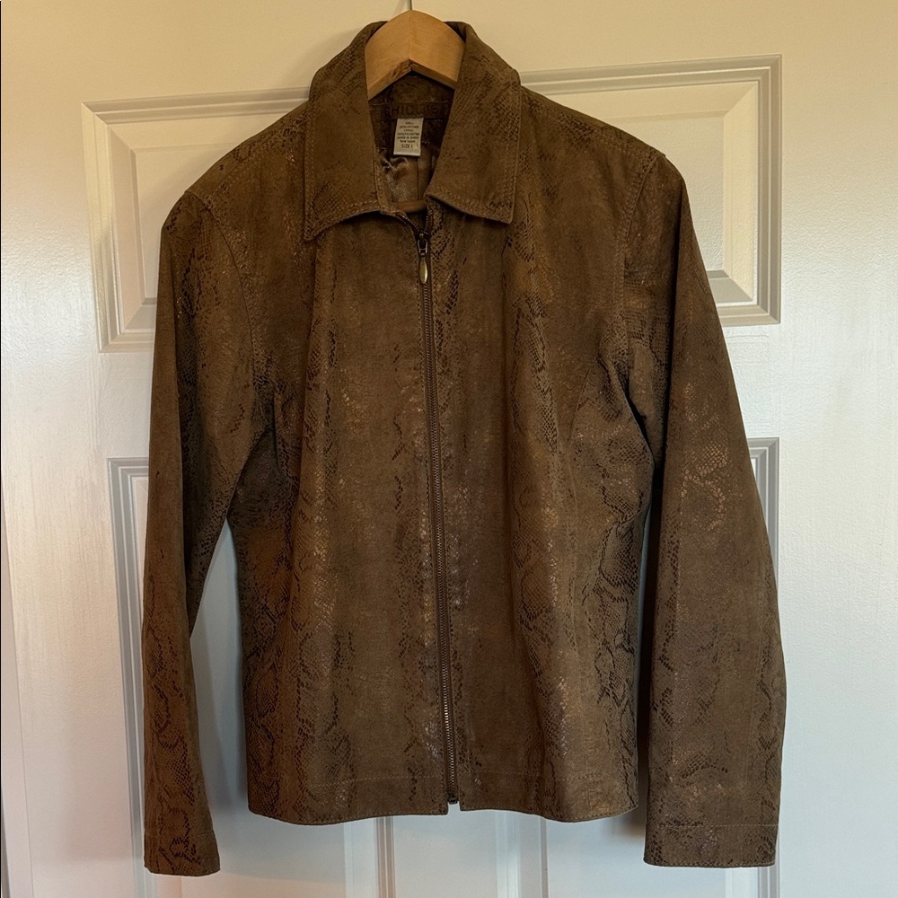Chico's Brown Snake Skin Patterned Textured Leather Jacket Gold Bronze Accents